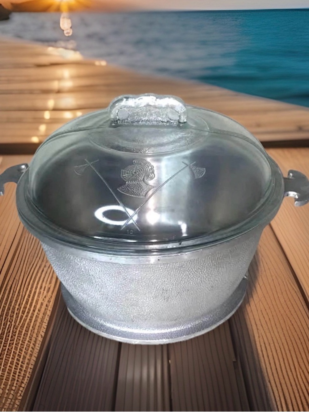 Vtg Guardian Service Hammered Aluminum Dutch Oven Roaster Etched Glass Lid 10"